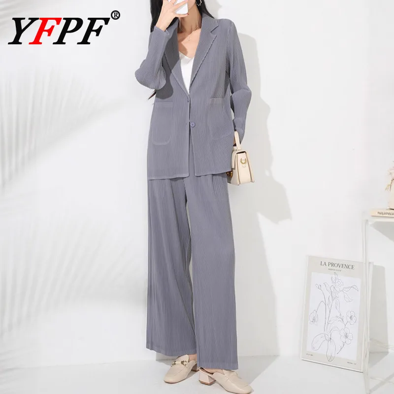 

YFPF Осенний плиссированный дизайнерский комплект для женщин, офисная женская однотонная куртка на пуговицах, пальто + длинные брюки, универсальная мода, новинка 2023 года