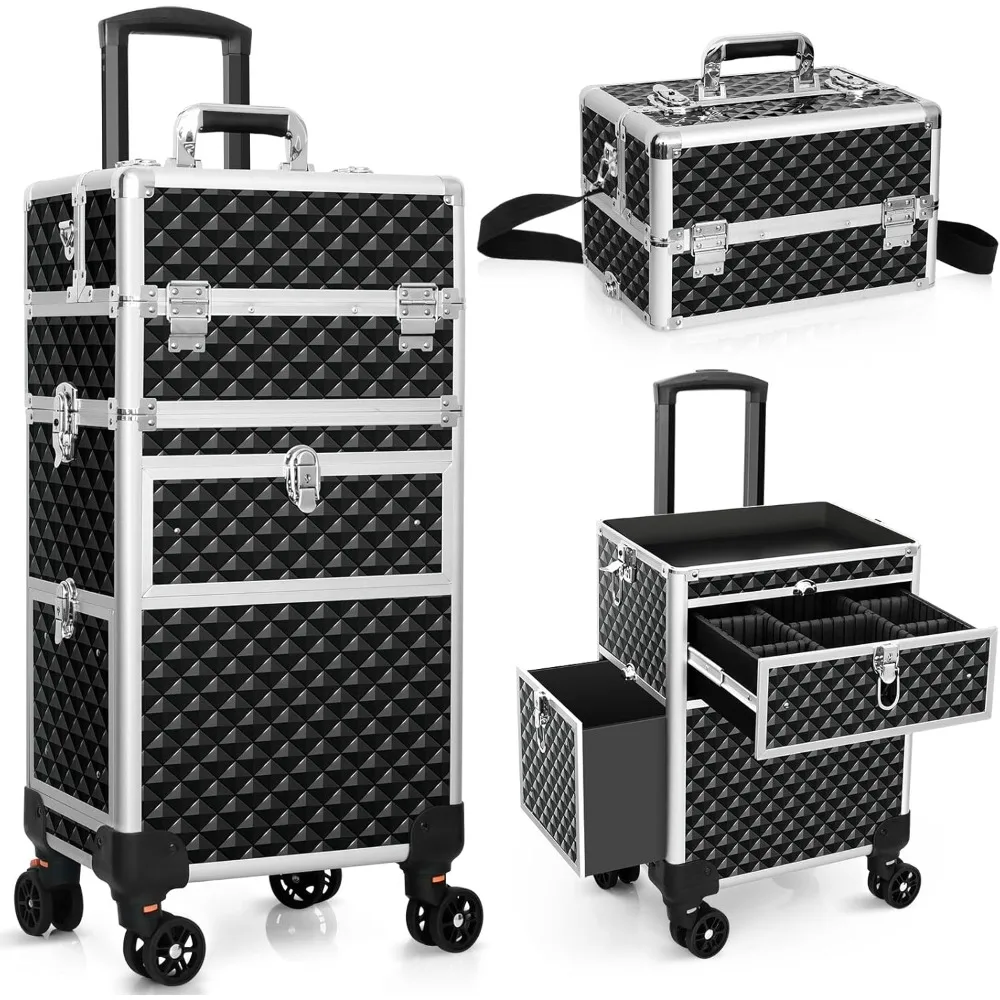 

Professional Rolling Makeup Train Case, Multi-functional Cosmetic Trolley with 360° Swivel Wheels Keys, Large Storage Traveling