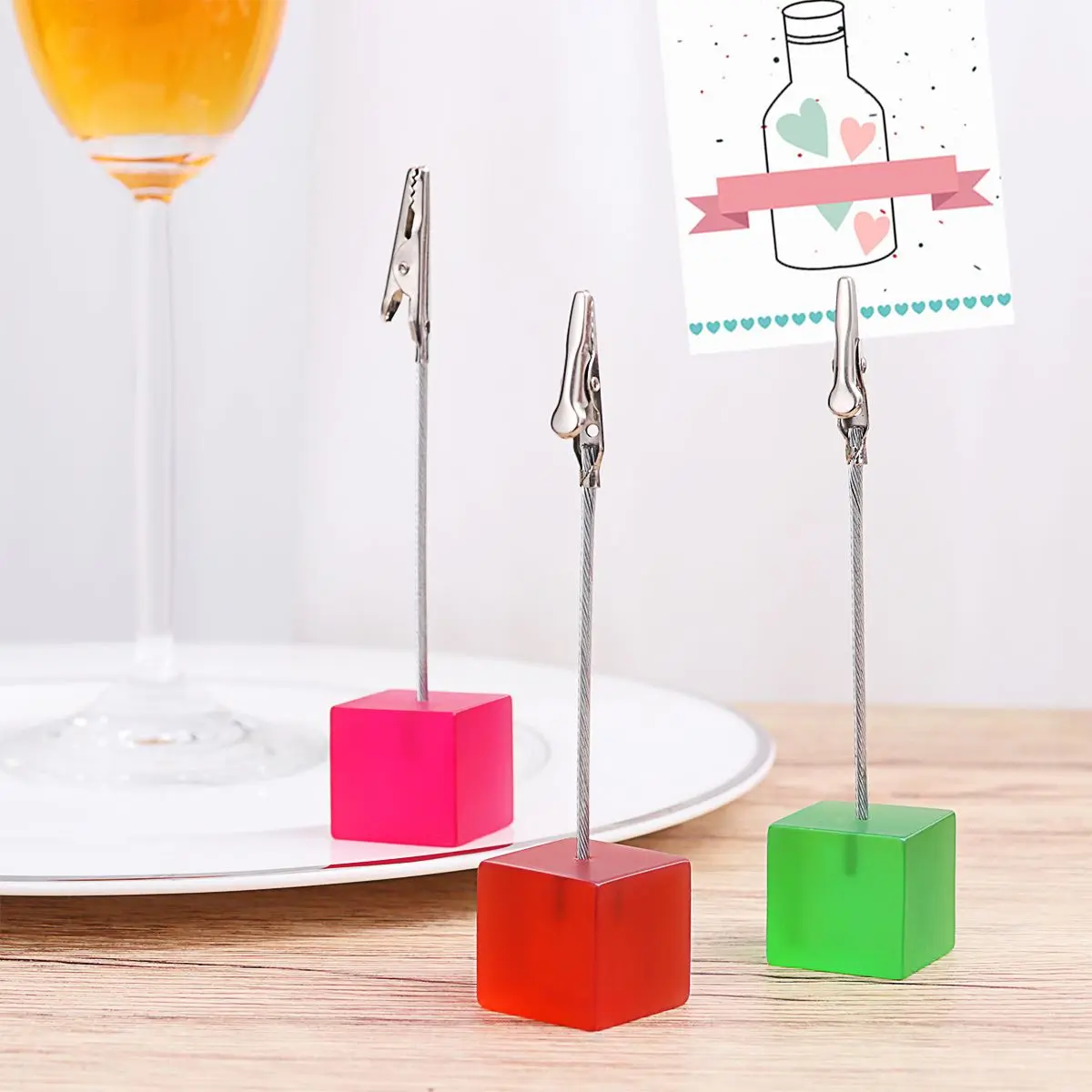 

Memo Holder Cube Elegant Desktop Photo Pine Base Stand Wire Resin Clip Postcard