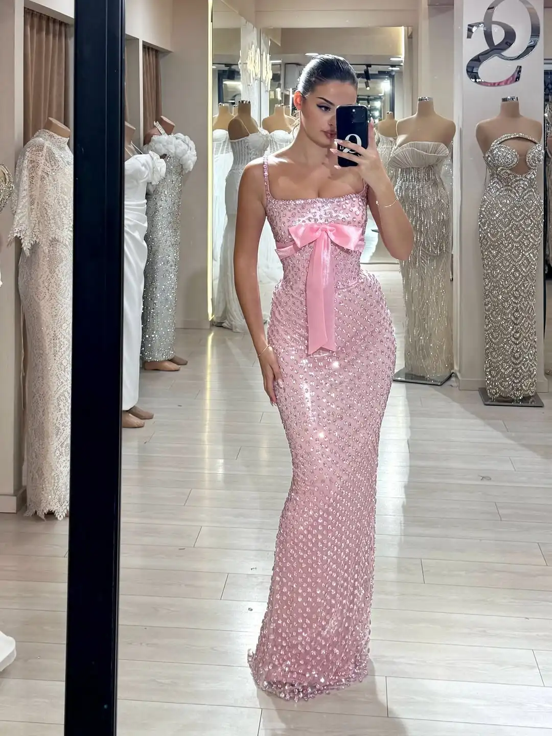 تصميم جديد السباغيتي الأشرطة الديكور كريستال مساء اللباس القوس الكبير فستان حورية البحر مع شال الوردي فستان الأميرة مثير #3