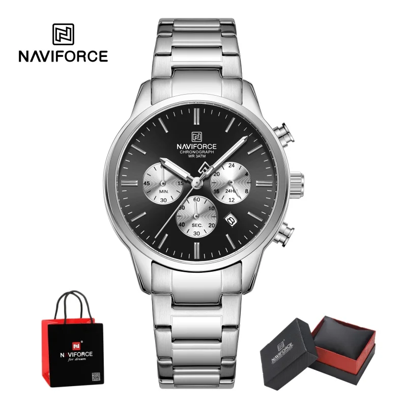 NAVIFORCE Business Men Chronograph Watch Stainless Steel 3ATM Waterproof Quartz Luminous Hands Date Display Wristwatch Gifts box
