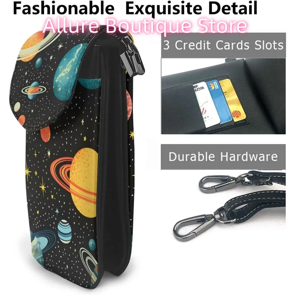Funny Universe Planets Crossbody Bag for Women PU Leather Small Travel Cell Phone Pouch Lightweight Mini Phone Purse Wallet Cros