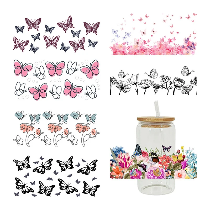 3D UV DTF Color Transfers Wrap Waterproof Oil Proof Stickers 16oz Cup Wraps Flower Butterfly Printed For DIY Glass Coffee Cup