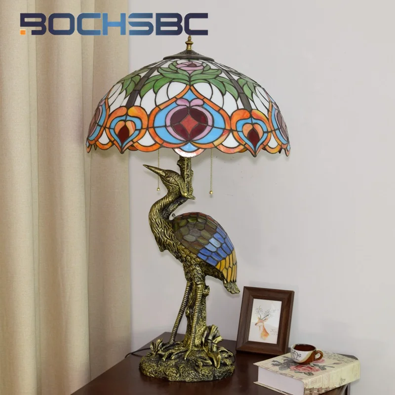 BOCHSBCTiffany stained glass desk lamp male crane retro style art Deco living room dining room Hotel bedroom bed head fairy lamp