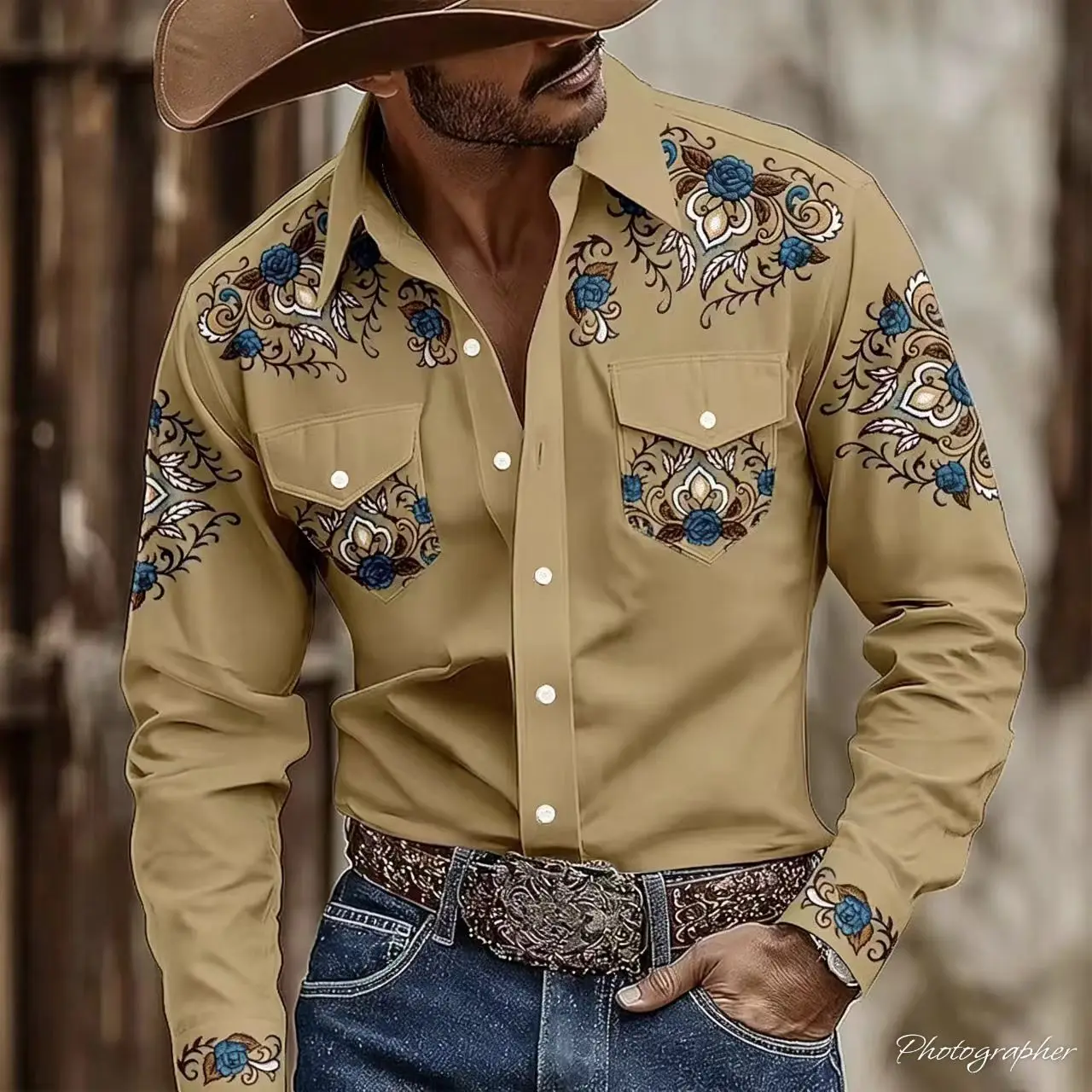 Men's Collar Shirt  Long Sleeved Shirt  Casual Fashion  Western Denim Style  3D Printed Pattern  Comfortable Two Pockets
