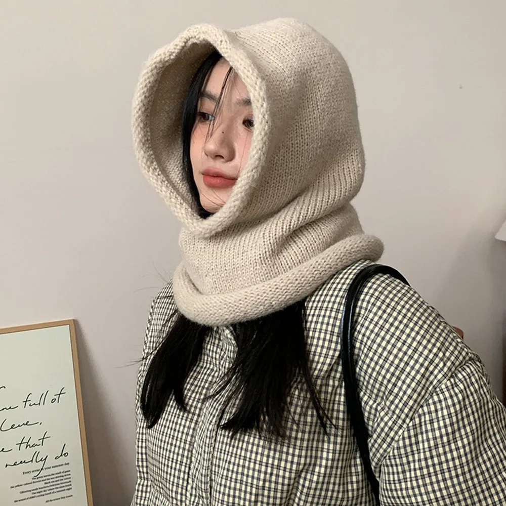 

Knitted Hooded Caps Winter Balaclava Hats Women Korean Style Outdoor Warmer Drawstring Hats One-piece Neck Collar Beanies Cap