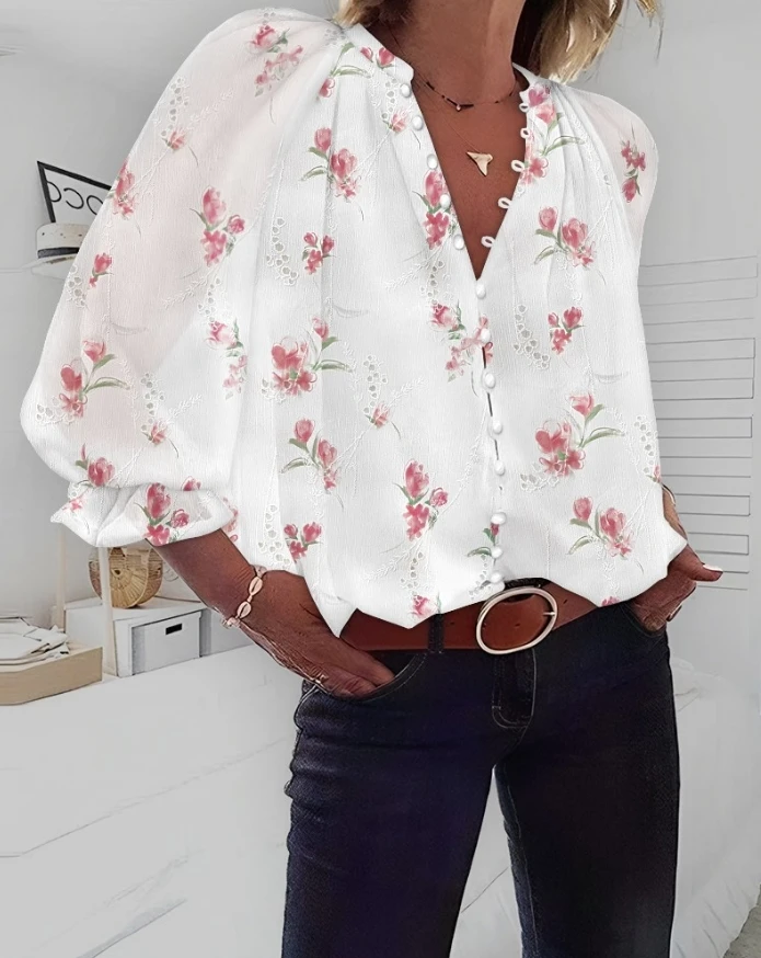 

Women's Blouses Trend 2025 Flower Print Chiffon Button Chiffon Shirt for Women V-Neck Long Sleeve Clothing Top