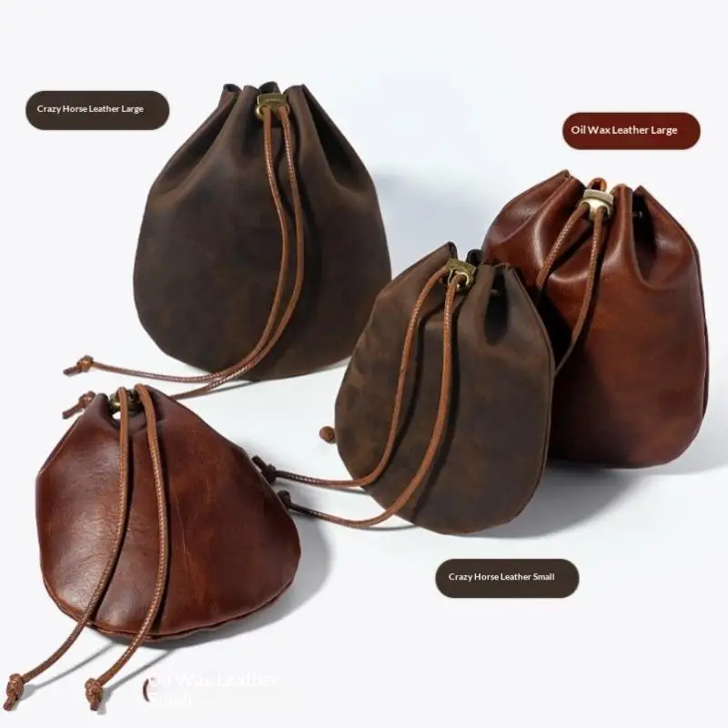 Genuine Crazy Horse Oil Wax Leather Drawstring Pouch With Durable Vintage Finish Perfect For Storing Coins Jewelry Small