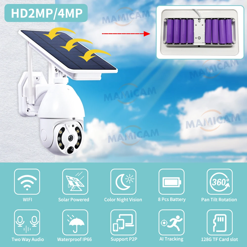 IP-камера наружная беспроводная с солнечной панелью и датчиком движения, 4 МП