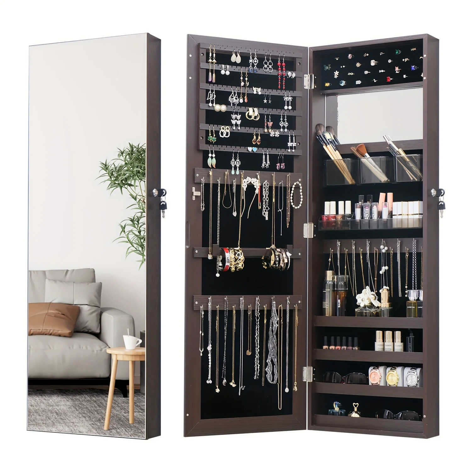 

Full Length Mirror Jewelry Armoire Jewelry Cabinet-2-in-1 Organizer For Makeup And Jewelry Lockable Storage Over The Door Mirror