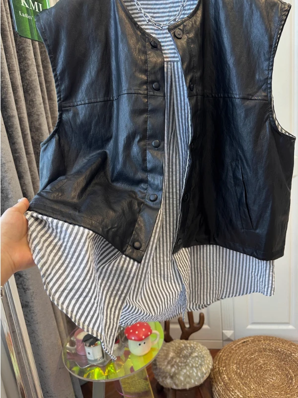 

Женский жилет из искусственной кожи, ранняя осень, новый дизайн, лоскутный полосатый топ с плечами, верхняя одежда, круглый топ Ne