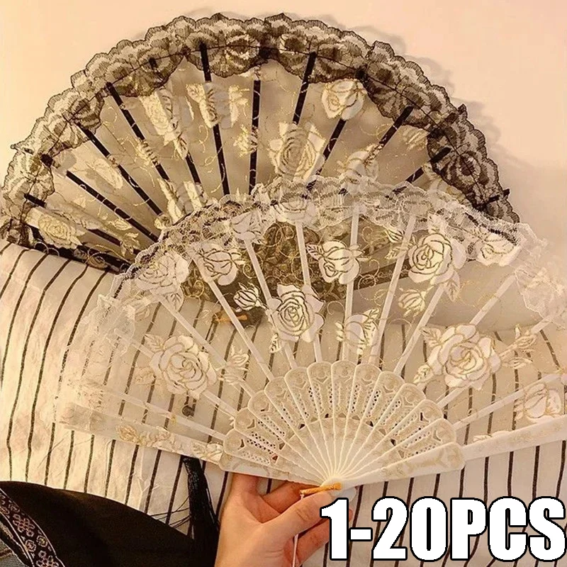 Bridal Lace Hand Fan with Tassels Elegant Folding Fan for Wedding Photos Cosplay Events Themed Parties Decorative Home Accent