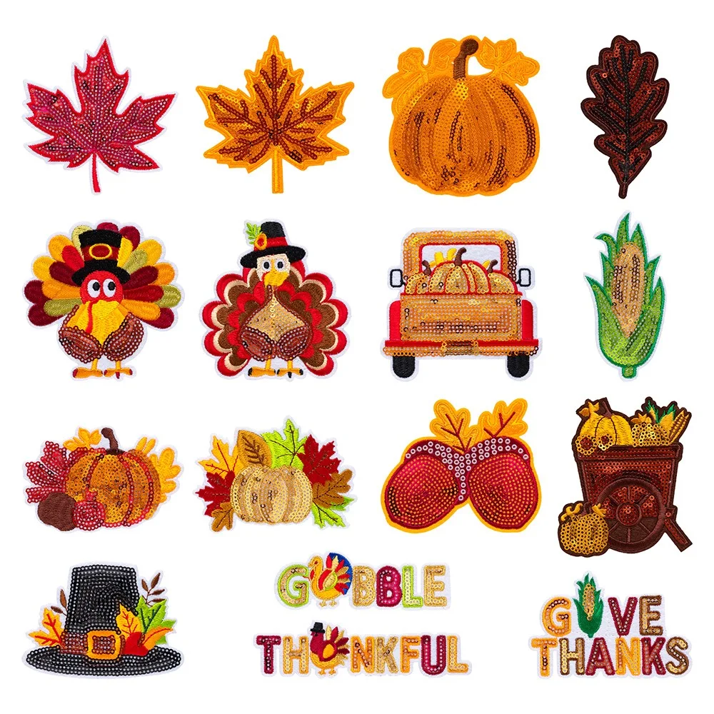 10pcs Glitter Thanksgiving Day Patches Embroidered Autumn Harvest Maple Pumpkin Patch Theroadhsive Clothes Badge DIY