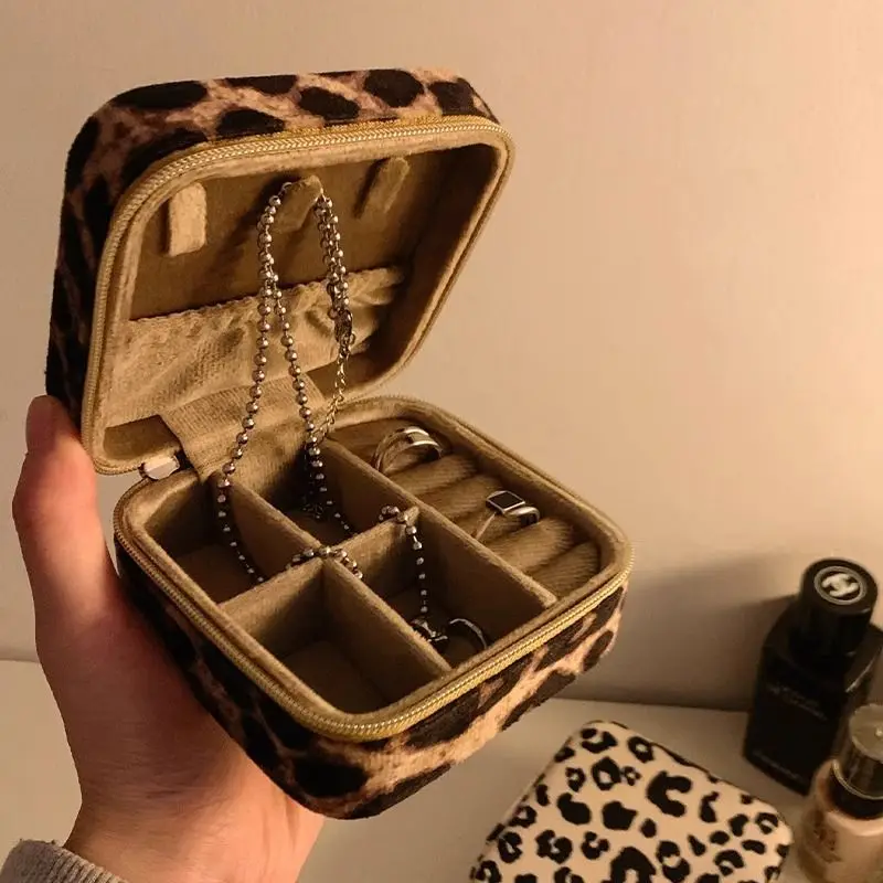ليوبارد طباعة صندوق مجوهرات السفر المحمولة مربع القرط قلادة حلقة حقيبة للتخزين حامل مُنظِم المجوهرات الجلدية