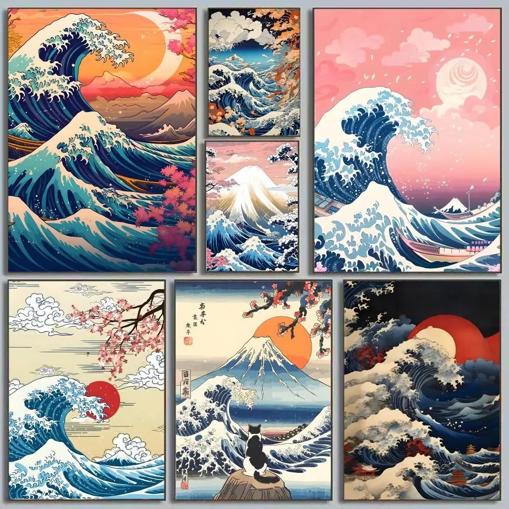 Great Wave Off Kanagawa Hokusai Ukiyo-e Japanese Tsunami Print Painting Calligraphy Poster Eco-Friendly Decor Frameless Canvas