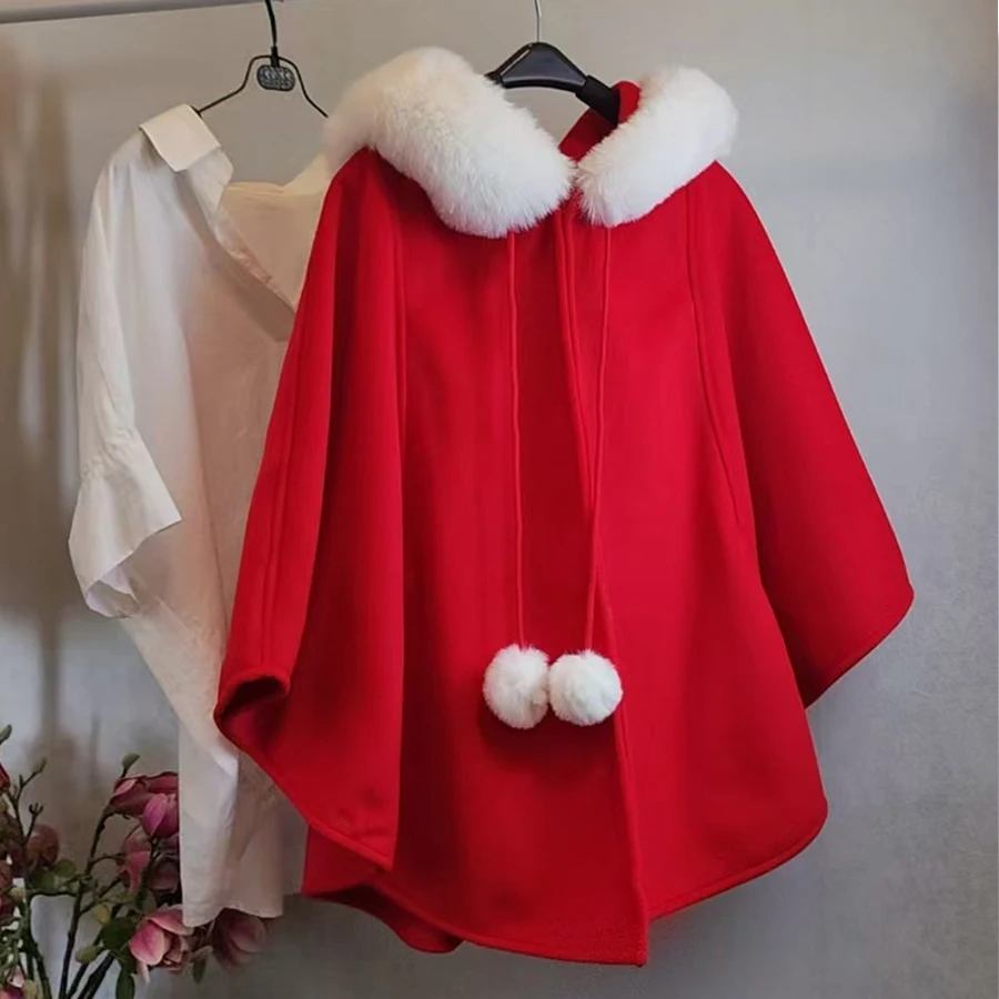 

Merry Christmas Red Woolen Faux Fur Trim Cape Coat Hood Hidden Button Women Autumn Winter Long Poncho Party Cloak Wraps