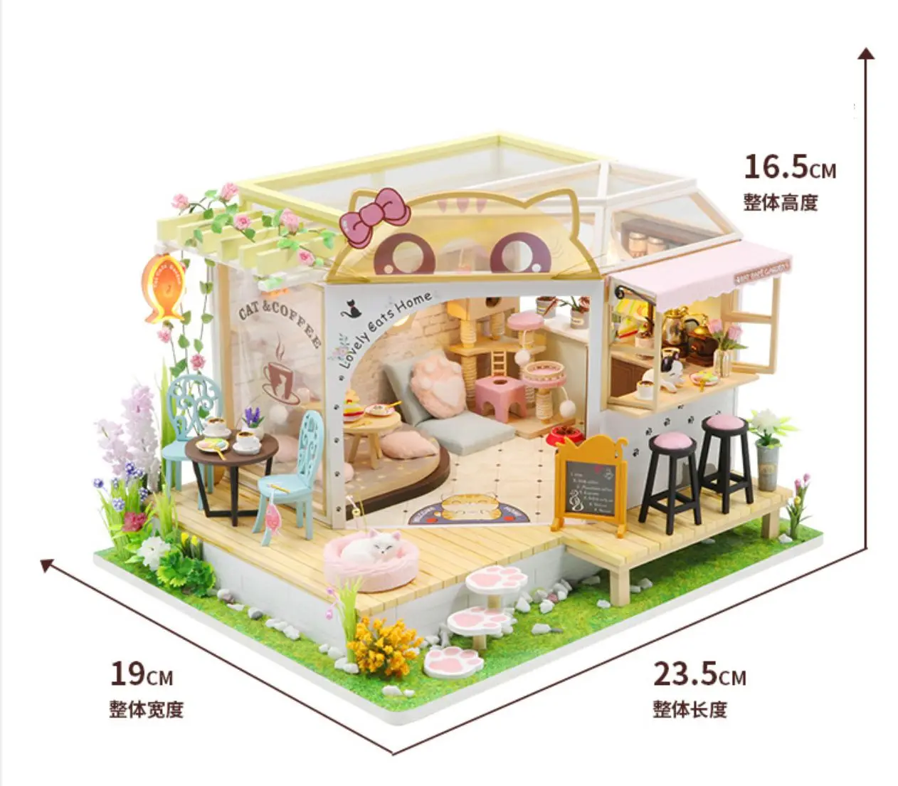2-in-1 DIY Miniature House Kits - Cat Café Backyard & Tailor Shop 3D Wooden Puzzle Handmade Creative Gift for Her Wholesale