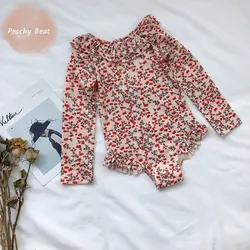 Fashion Baby Girl Princess Floral Print Swimwear Clothing Infant Toddler Child Long Sleeve Ruffled Swimsuit Baby Clothes 18M-5Y