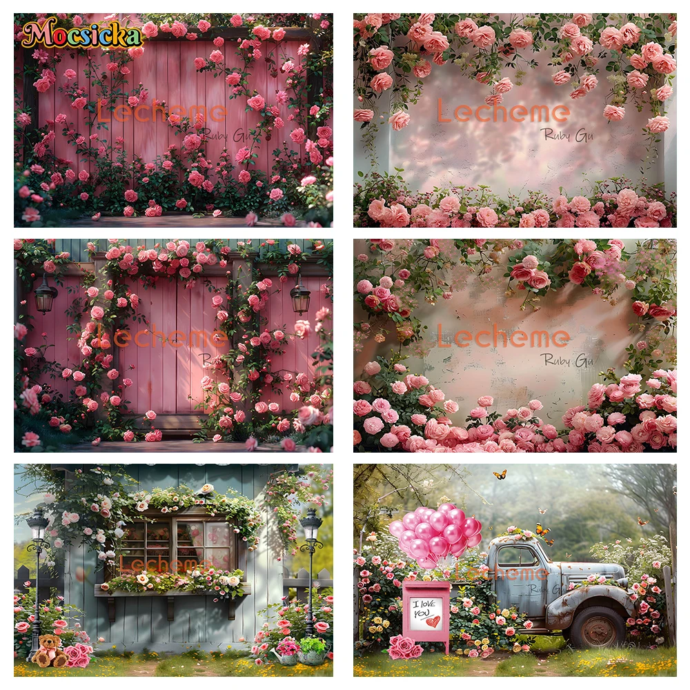 

MOCSICKA Valentine's Day Photography Background Wall covered with flowers Pink Holiday Family Portrait Photo Backdrops Studio