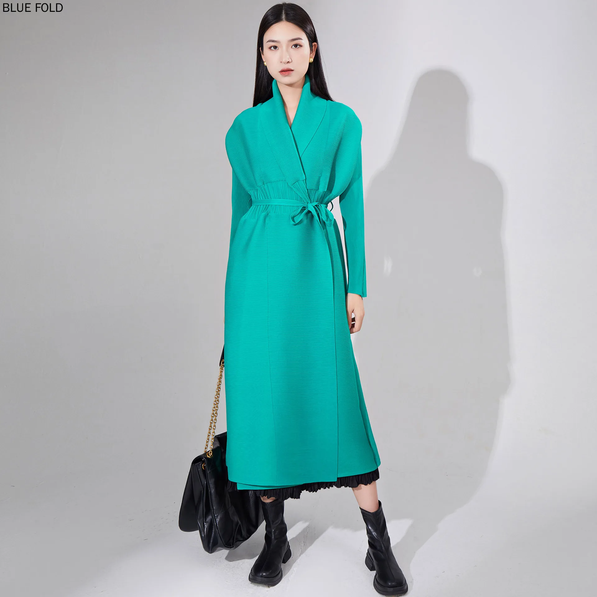 

MIYAKE PLEATS-Long Windbreaker Trench Coat for Women, Popular Loose Coat, Lace-up Pleated, High-end, Spring and Autumn Style