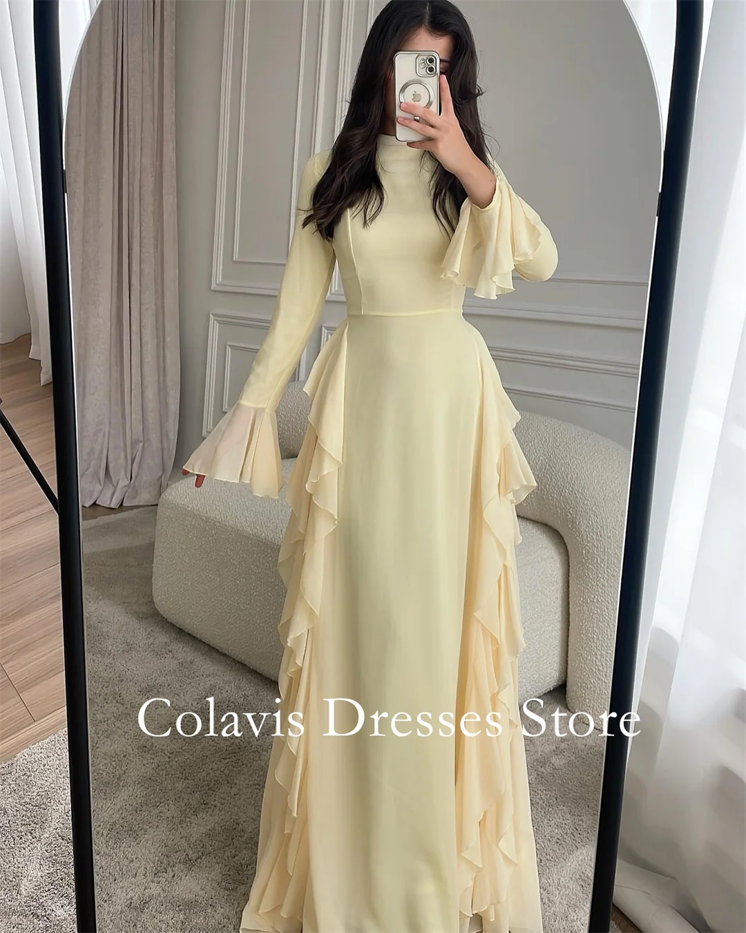 

2025 Customized High Neck Long Sleeves Ruffles Chiffon Ruched Prom Dresses Evening Dress Women Evening Gowns Formal Party Dress