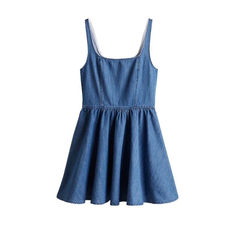 Estate delle nuove donne semplice quadrato basso-ne ampia tracolla svasata orlo denim Dr casual a vita alta A-line ort Svel