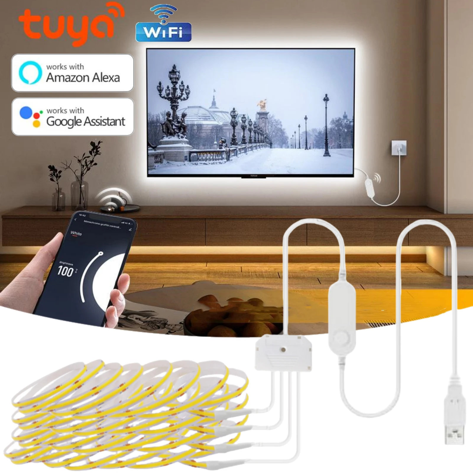 

Tuya WiFi COB LED Strip Tuya Smart Life APP Control Dimmable LED Strip Light 5V USB 320LEDs Linear Light Wall Kitchen Cabinet