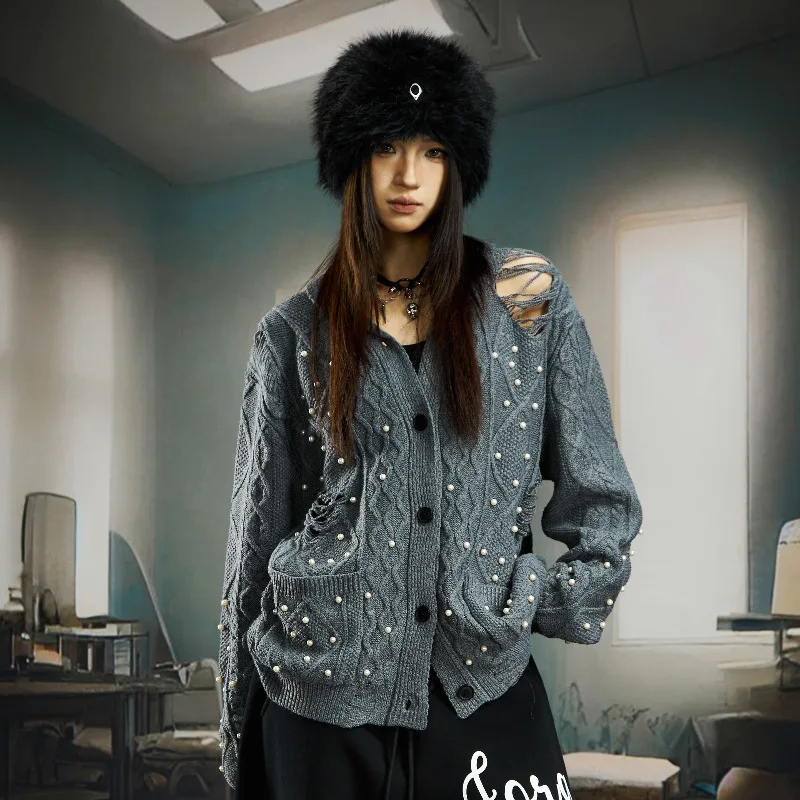 MWJLPWQ ビーズ装飾 ダメージ加工 ニッチデザイン 高密度ボタンニット カーディガン ターンダウンカラー セーター 秋 12541