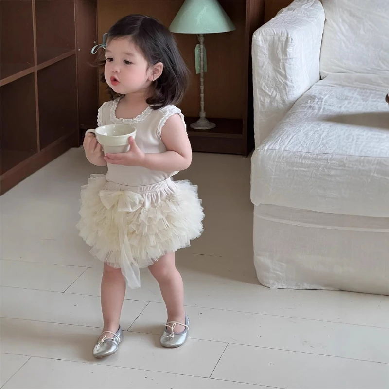 

2025 Summer New Children's Korean Children's Clothing Baby Lace T-Shirt Gauze Skirt Set