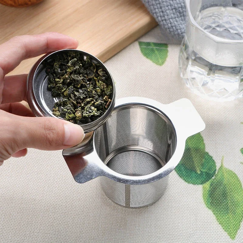 Double Handles Tea Infuser with Lid Stainless Steel Fine Mesh Coffee Filter Teapot Cup  Loose Leaf Tea Strainer