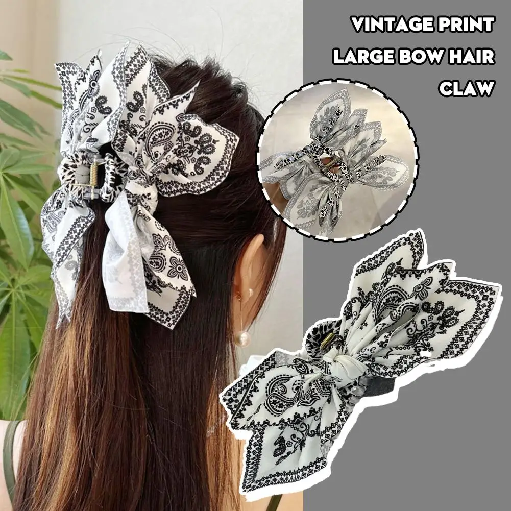 Vintage Print Large Bow Hair Claw High-Grade Ink Painting Shark Women Ponytail Girls Hair Clip Accessories Holder Korean C3L3