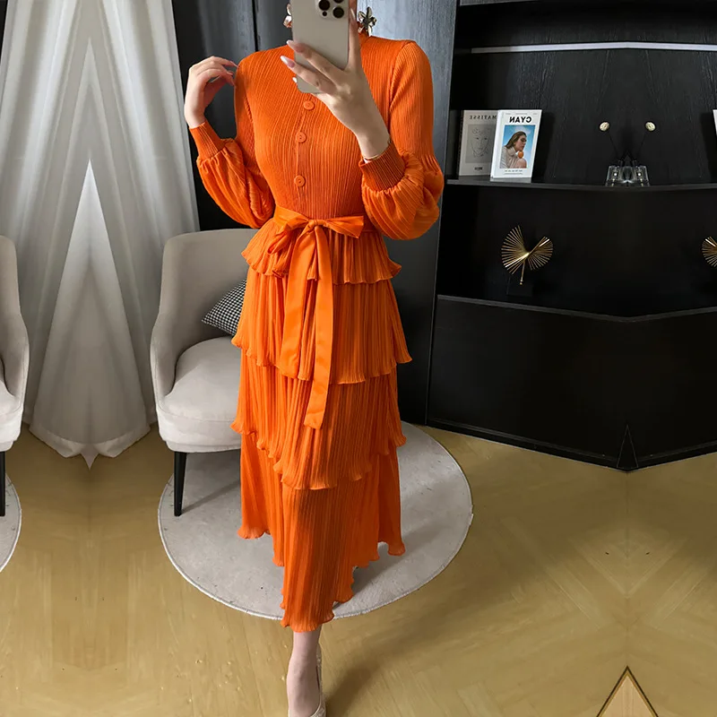 Pleats Original Pleated 2024 Summer New Niche Design Pleated Wooden Ear Ruffled Loose Thin Dress Long Section Women Clothing