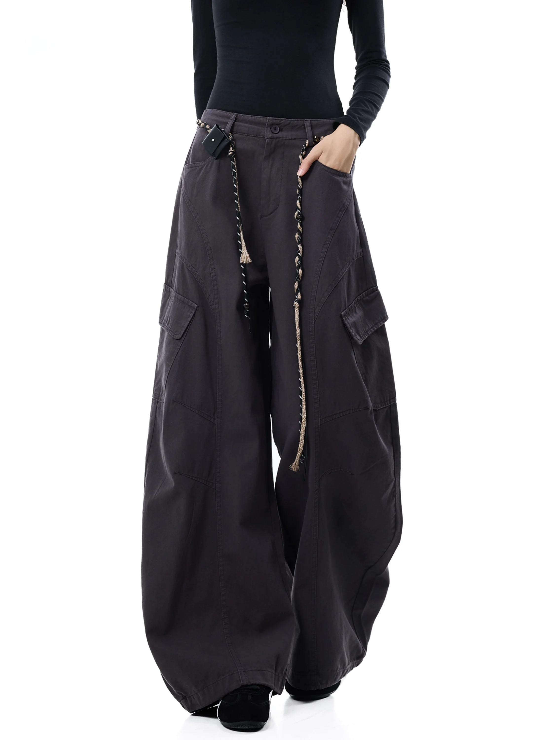 High Waist Wide Leg Workwear Pants Women Loose Slimming Woven Belt Large Pocket Casual Long Pants Autumn New Style