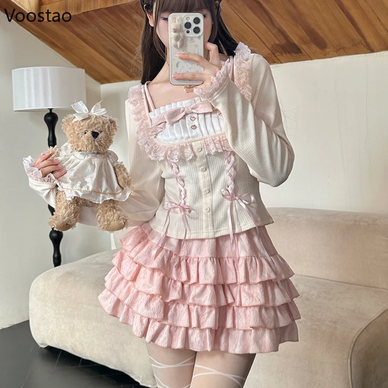 Sweet Cute Lolita Princess Skirt Sets Autumn New Bow Lace Splicing Long Sleeve Slim Tops Kawaii Cake Skirt Two Piece Set Women