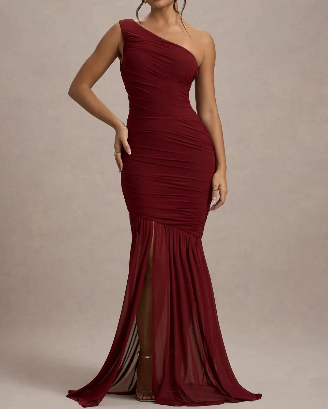 

Customized Modern One Shoulder Pleats Evening Dresses Temperament Chiffon Sweep Train Burgundy Vestido De Noche Vestido De Festa