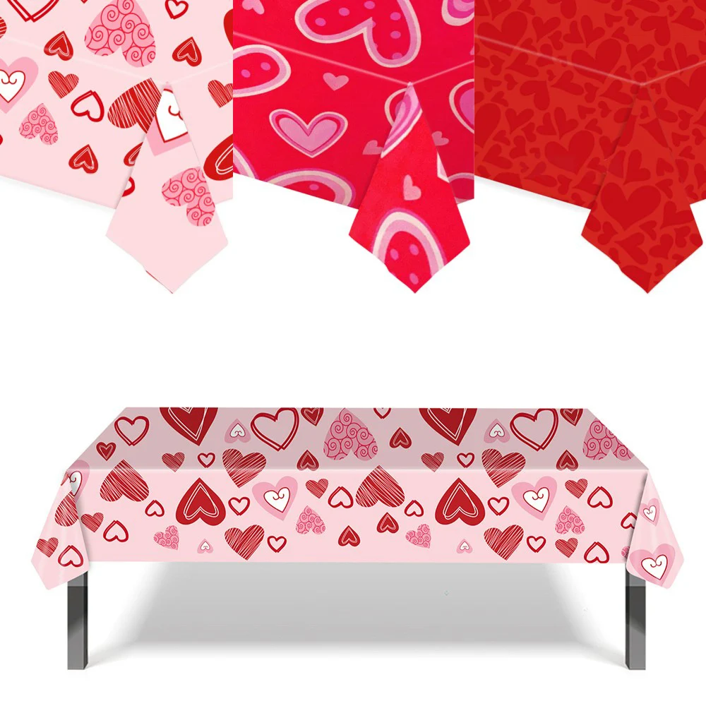 Valentines Day Disposable Tablecloth Red Love Heart Table Cover Plastic Rectangle Desk Cloth Wedding Party Table Decor Supplies