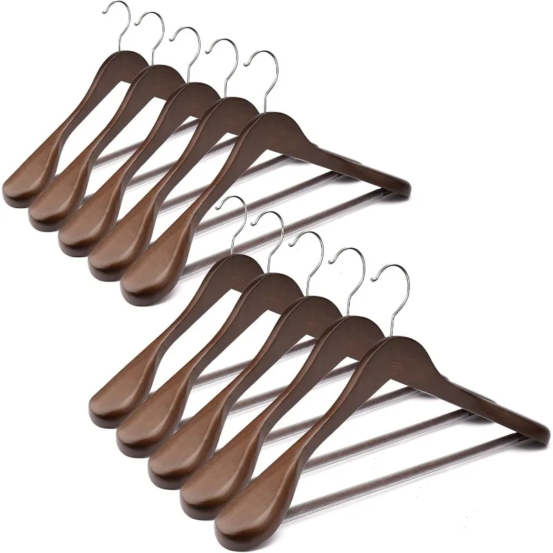 Suit Hangers 10 Pack Wooden Coat Hangers,Wide Shoulder Hangers with Non Slip Pants Holder,Heavy Duty Clothes Hangers