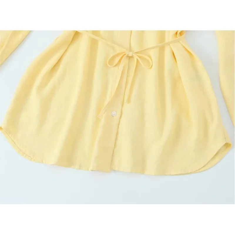 Women Oversize Shirt With Belt Spring Casual Linen Blend Long Sleeve Simple Female Shirts Women's Button Shirts & Blouse