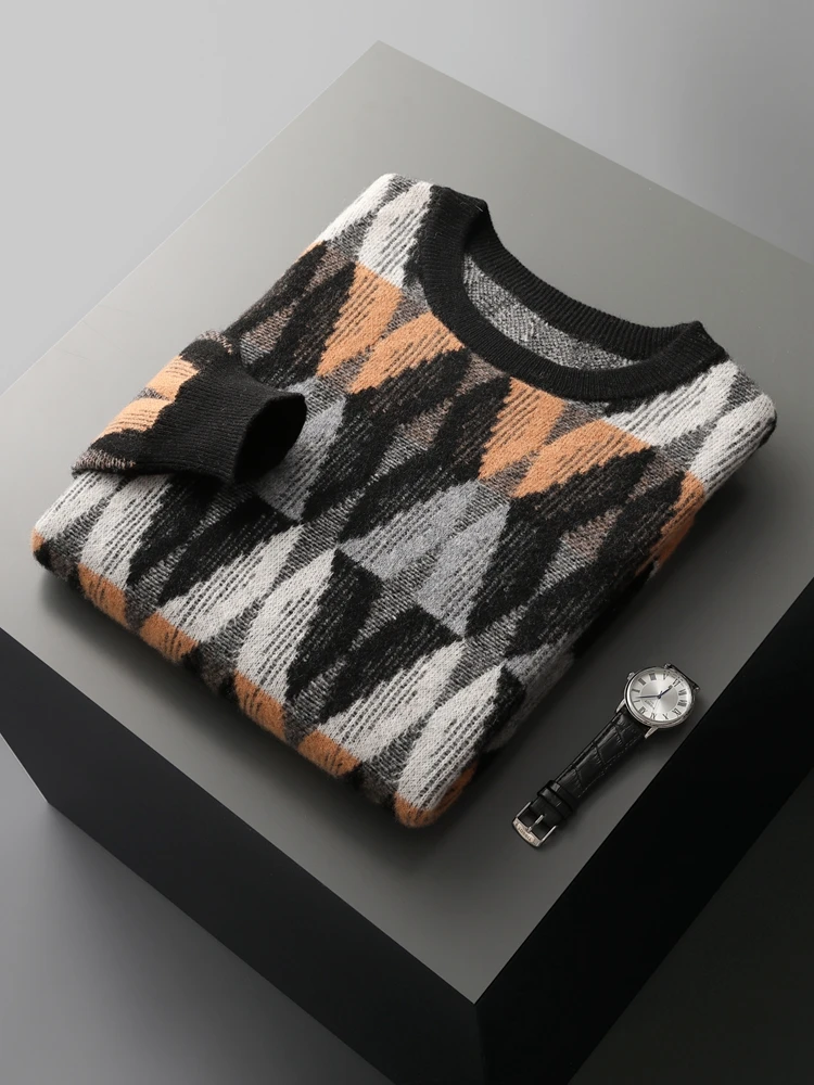 New Men's 100% Merino Wool Knitwear O-neck Thick Jacquard Vintage Diamond Sweater Wool Pullover Autumn Winter Knit Comfy Sweater