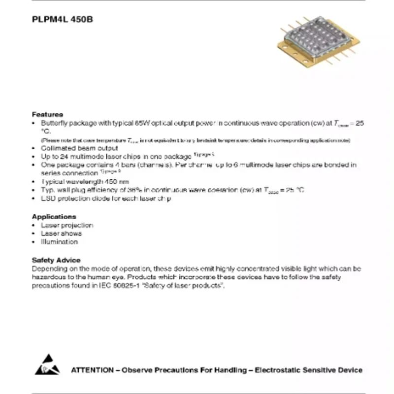 New range of Osram laser diode chips, blue, PLPM4L, 450B, 447nm, 450nm, 85W