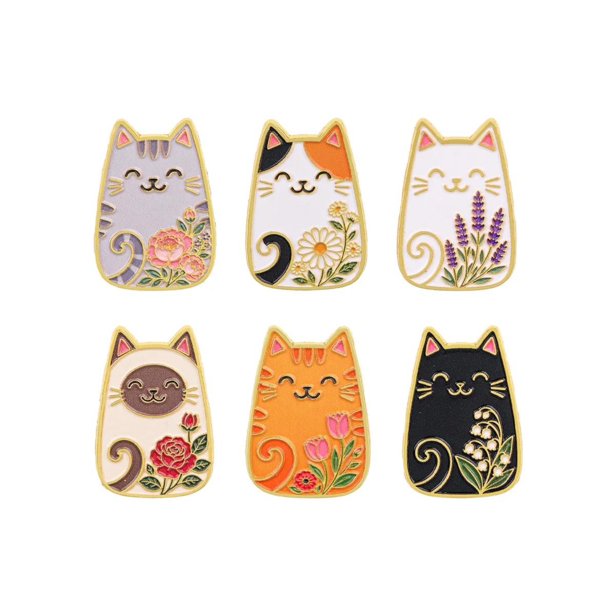 Florale Niedliche Katzen-Emaille-Pins Cartoon-Tiere Metall-Reversnadel Abzeichen Blumenmuster Schmuck Jeansjacke Rucksack Deko Geschenke – Detail 1