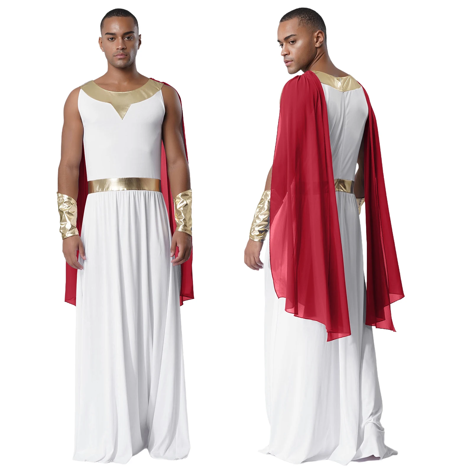 

Men Ancient Rome Greek Prince Toga Halloween Cosplay Fancy Costume Sleeveless Shoulder Drapes Robe with Metallic Cuffs Long Robe
