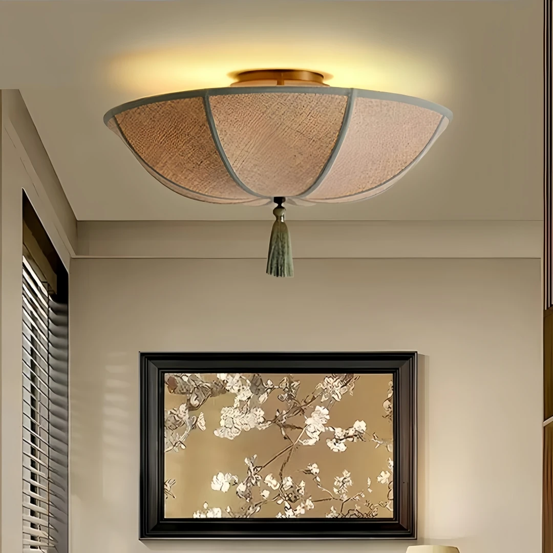 Vintage Fabric Flush Mount Ceiling Light With Tassel Boho Linen Shade Ceiling Lamp For Bedroom Living Room Farmhouse Home Decor