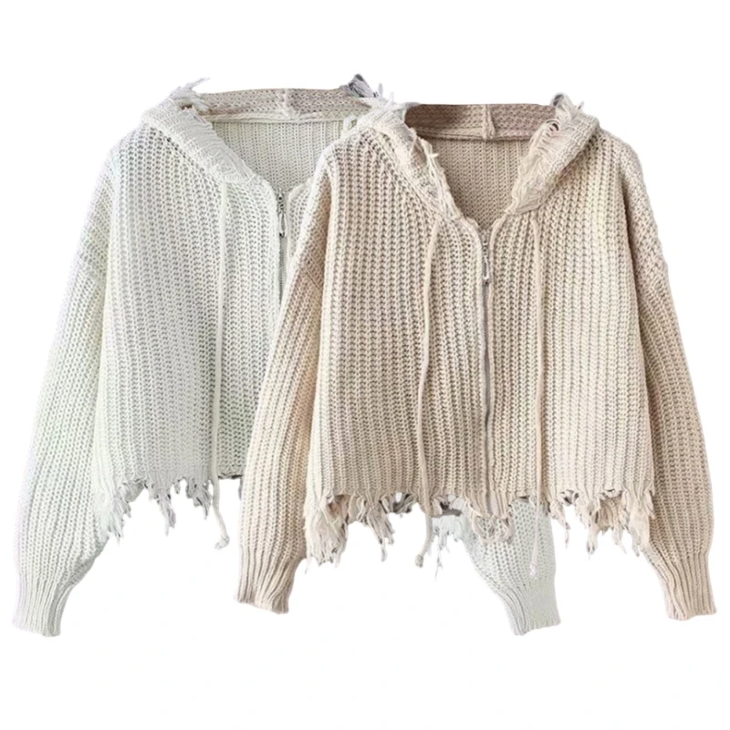 Casual Loose Crewneck Sweater Soft and Cozy Women\'s Hooded Tassel Cardigan Zippered Sweater Knitted Jacket