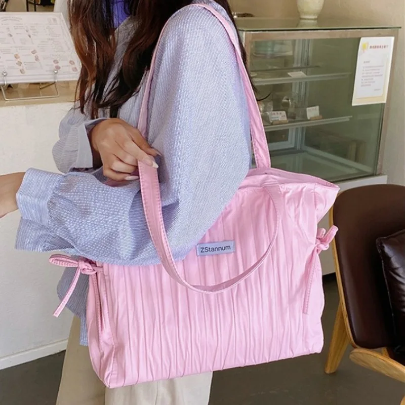 

Women Foldable Striped Nylon Drawstring Tote Bag, Large Capacity Handbag Shoulder Bag, Daily Commute Shopping School Office Use