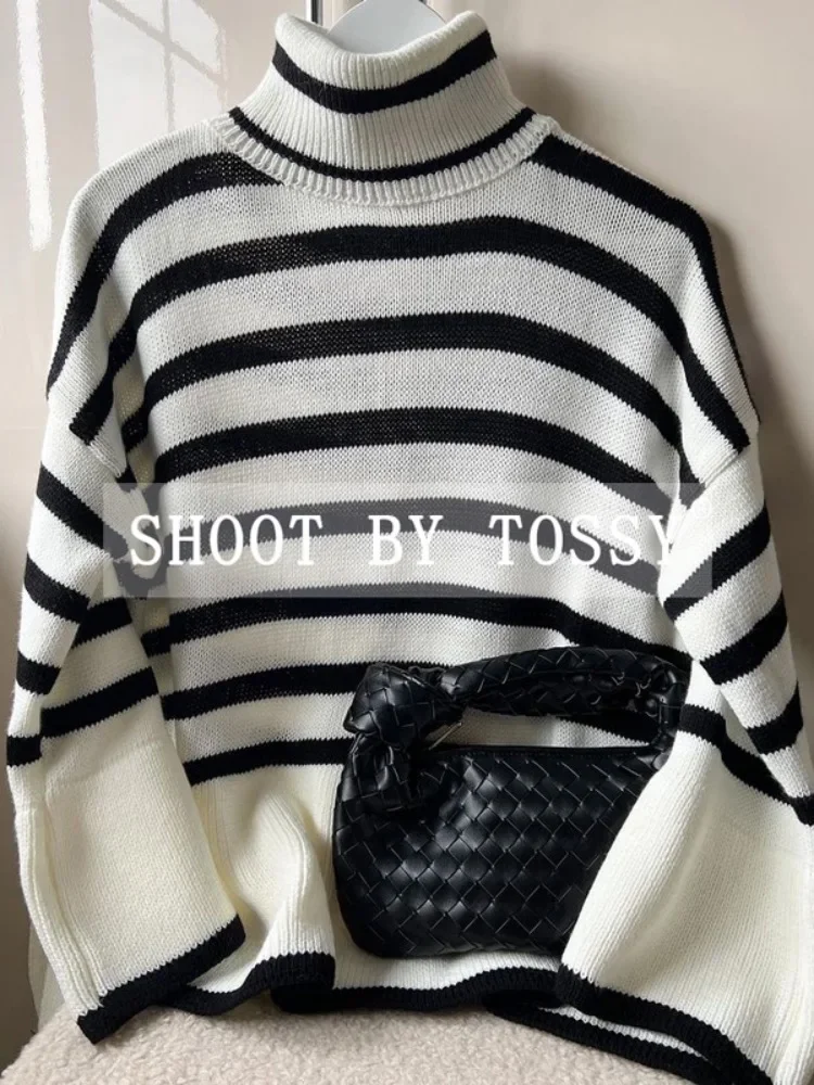 Tossy Winter Women’s Long Sleeves Knit Sweater Turtleneck Striped Print Loose Pullover Tops 2023 New Autumn Oversized Sweater