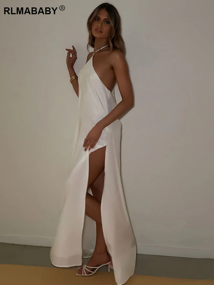 RLMABABY Elegant Sexy Backless SequinsHalter Women Maxi Dress Summer Off Shoulder Thigh High Split Party Satin Gown Long Dress