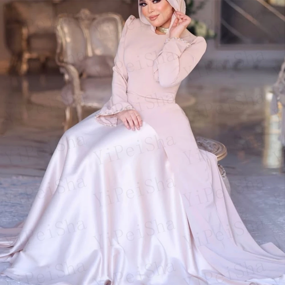 Customized Pink A-Line Prom Dresses Floor-Length O-Neck Full Sleeve Evening Gown Simple Draped Fashion Crystal Party Gown