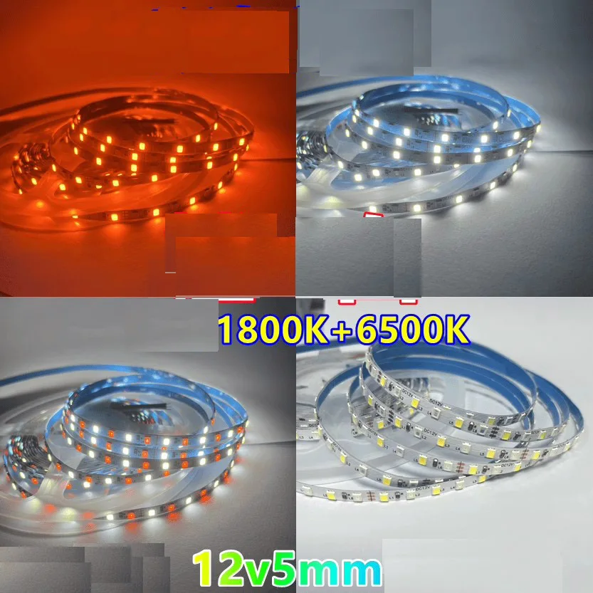 5m 5mm CCT Led Strip Double Color Two Color Mixed Strip Orange Amber 1800k 2000k+White 6000k 120 led/m 12v Signal Flexible Tape