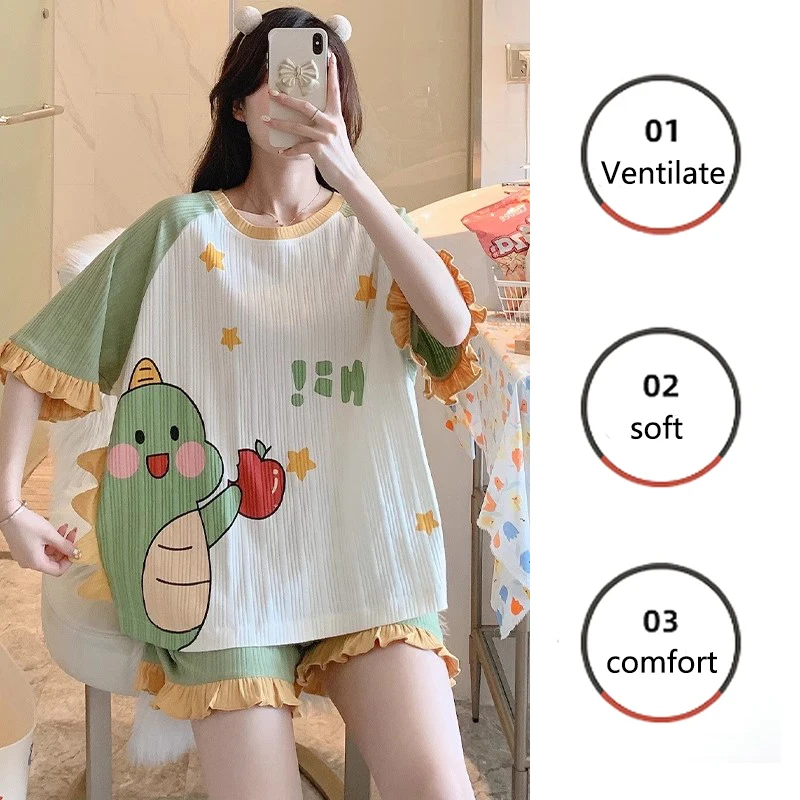 2PCS/Set Women Loose Version Homewear Cartoon Green Dinosaurs Design Wind Ruffled School Pyjamas Girl Cute Sweet Soft Sleepwear